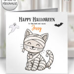 personalised halloween mummy family card – mum, dad, kids, baby, dog or cat characters