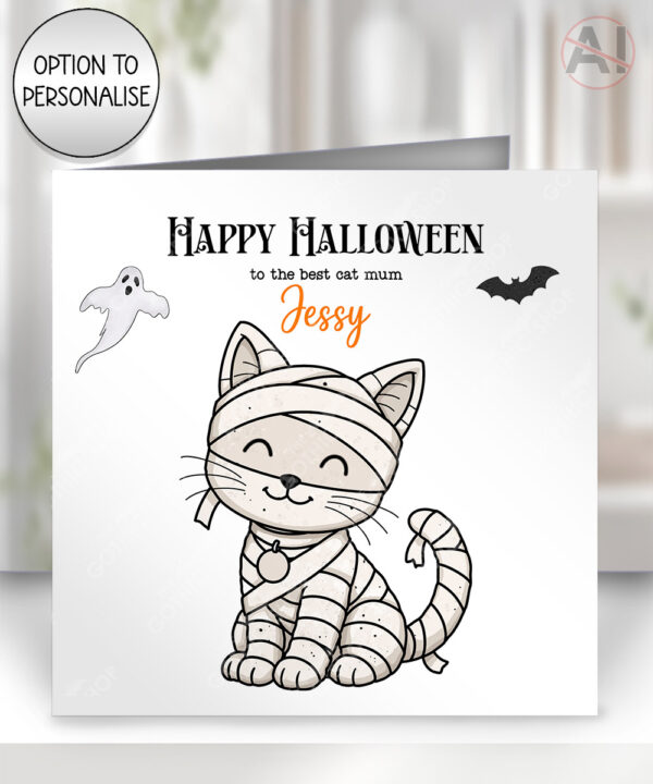 personalised halloween mummy family card – mum, dad, kids, baby, dog or cat characters