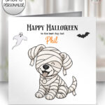 personalised halloween mummy family card – mum, dad, kids, baby, dog or cat characters