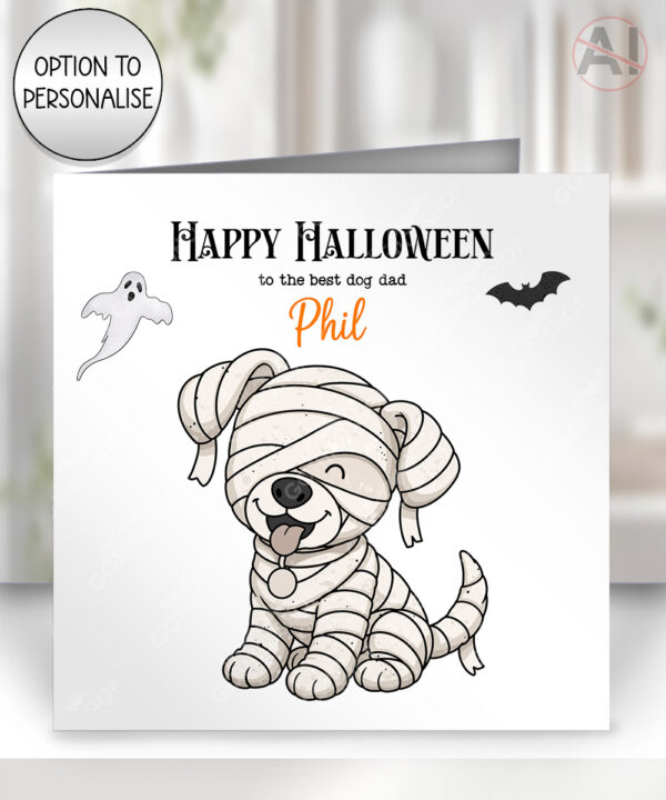 personalised halloween mummy family card – mum, dad, kids, baby, dog or cat characters