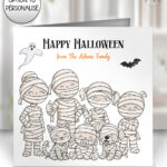 personalised halloween mummy family card – mum, dad, kids, baby, dog or cat characters