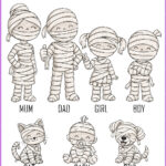 personalised halloween mummy family card – mum, dad, kids, baby, dog or cat characters