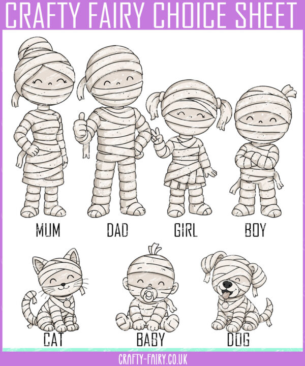 personalised halloween mummy family card – mum, dad, kids, baby, dog or cat characters