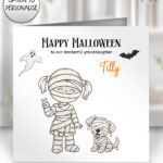 personalised halloween mummy family card – mum, dad, kids, baby, dog or cat characters