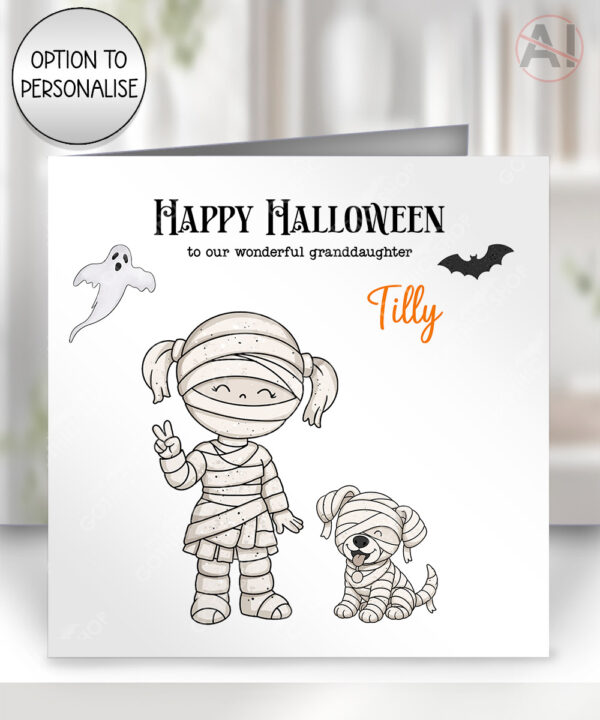 personalised halloween mummy family card – mum, dad, kids, baby, dog or cat characters