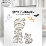 personalised halloween mummy family card – mum, dad, kids, baby, dog or cat characters