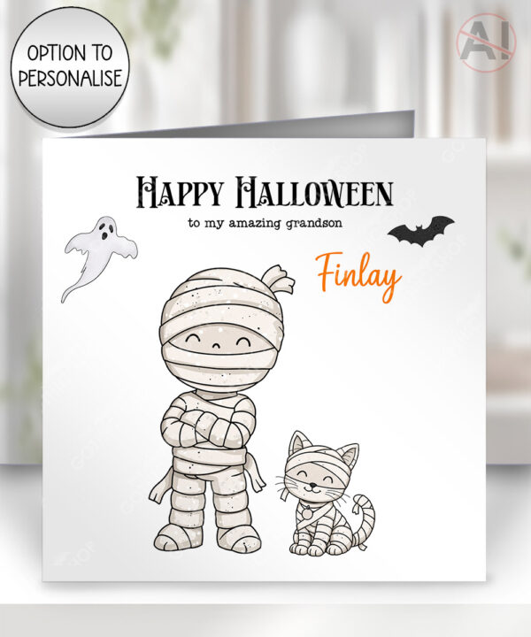 personalised halloween mummy family card – mum, dad, kids, baby, dog or cat characters