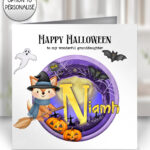 personalised cute witch fox, bats & pumpkins papercut effect halloween card