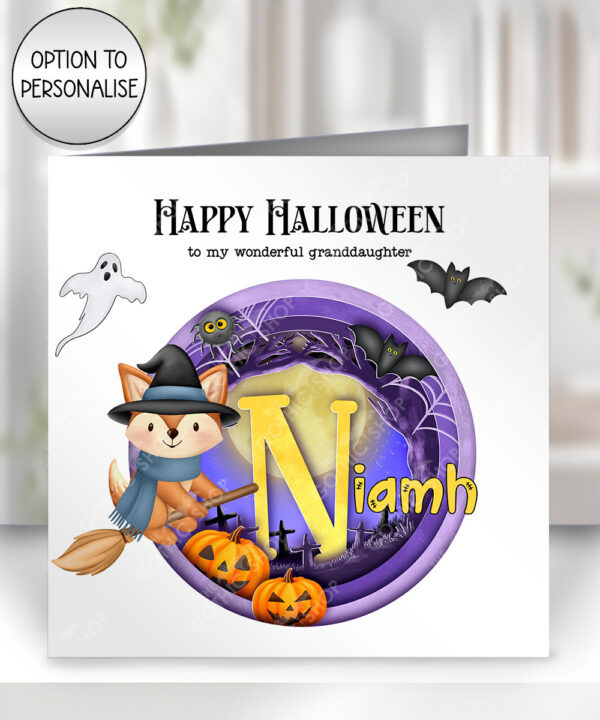 personalised cute witch fox, bats & pumpkins papercut effect halloween card