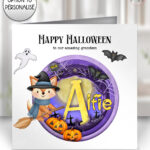 personalised cute witch fox, bats & pumpkins papercut effect halloween card