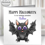 cute bat with purple eyes personalised halloween card