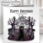 gothic black cat cemetery birthday or halloween card option to personalise