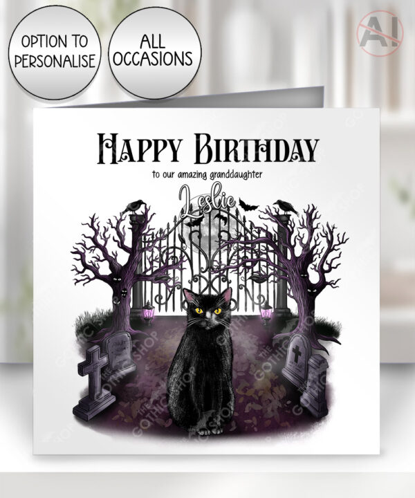 gothic black cat cemetery birthday or halloween card option to personalise
