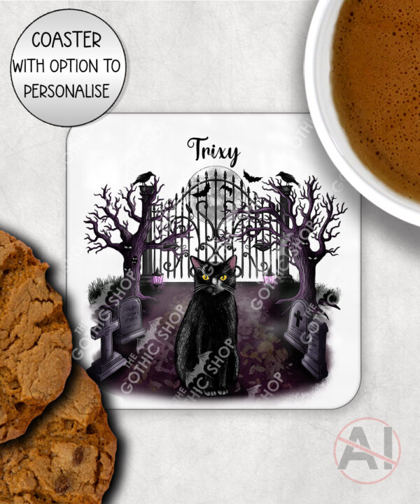 gothic black cat cemetery mug and/or coaster optional to personalise