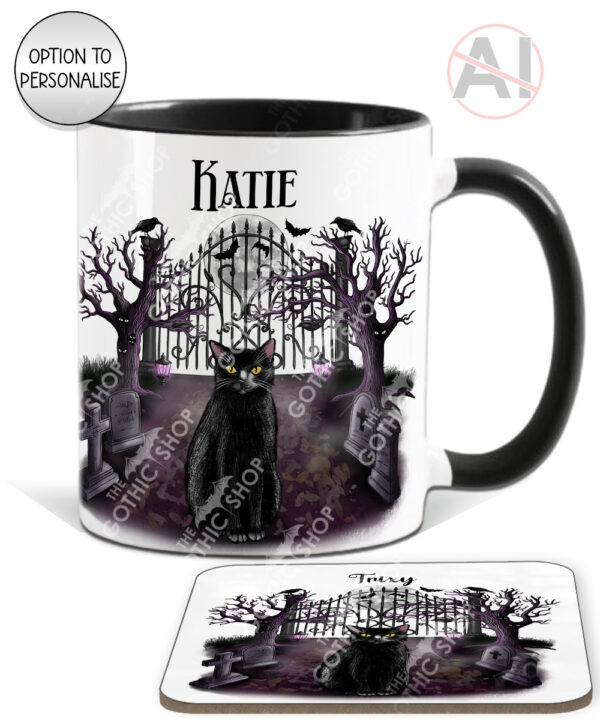 gothic black cat cemetery mug and/or coaster optional to personalise