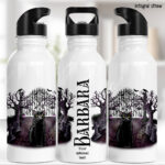 gothic black cat cemetery water bottle option to personalise