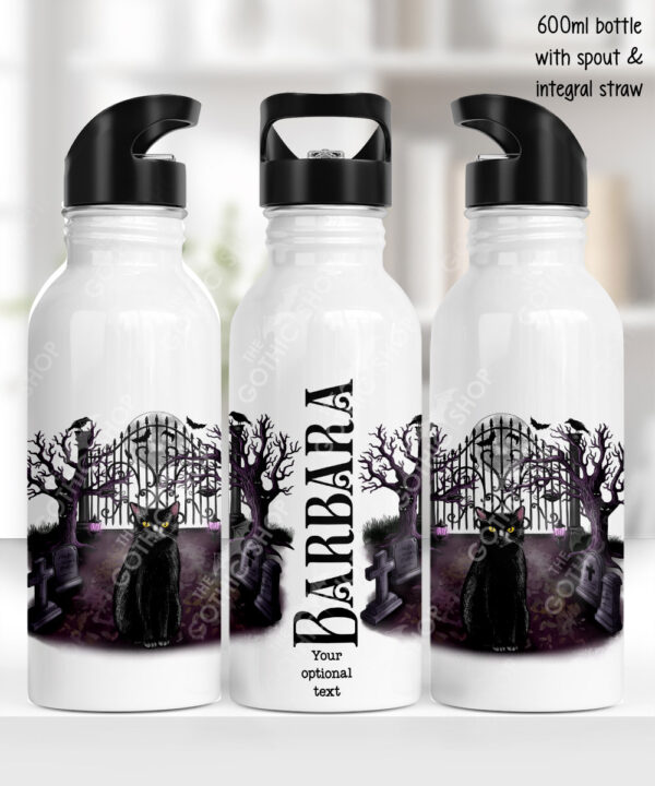 gothic black cat cemetery water bottle option to personalise