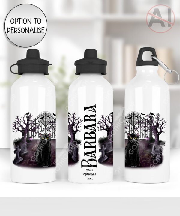 gothic black cat cemetery water bottle option to personalise