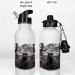 gothic black cat cemetery water bottle option to personalise