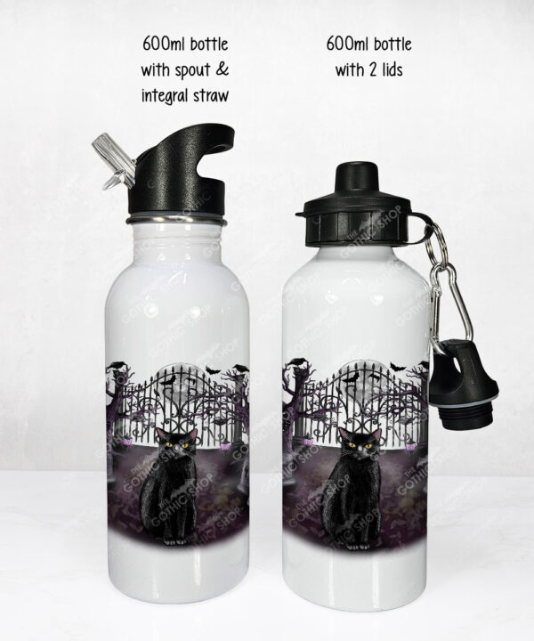 gothic black cat cemetery water bottle option to personalise