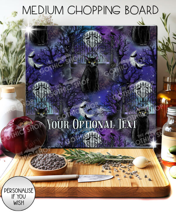 gothic black cat cemetery glass chopping board option to personalise