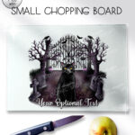 gothic black cat cemetery glass chopping board option to personalise