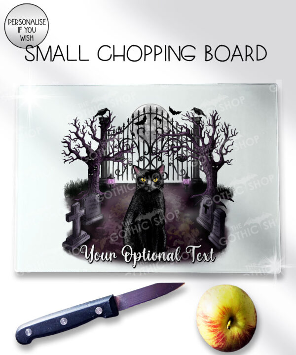 gothic black cat cemetery glass chopping board option to personalise