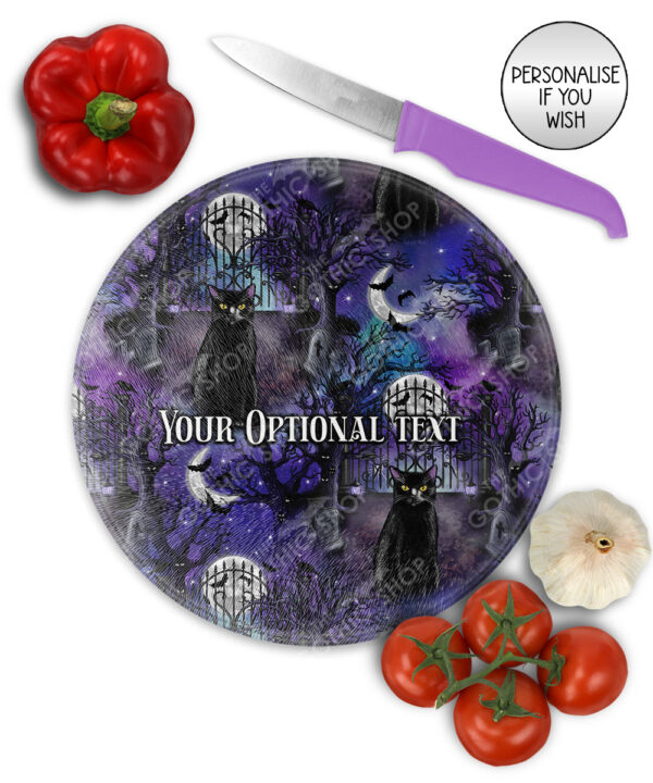 gothic black cat cemetery glass chopping board option to personalise