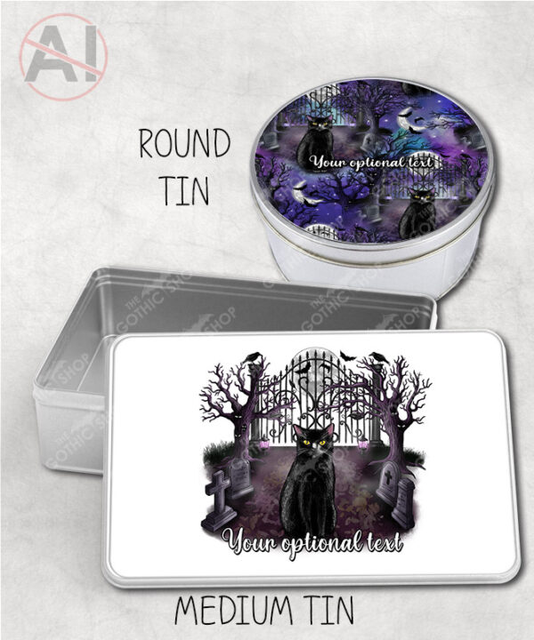 gothic black cat cemetery storage tin option to personalise