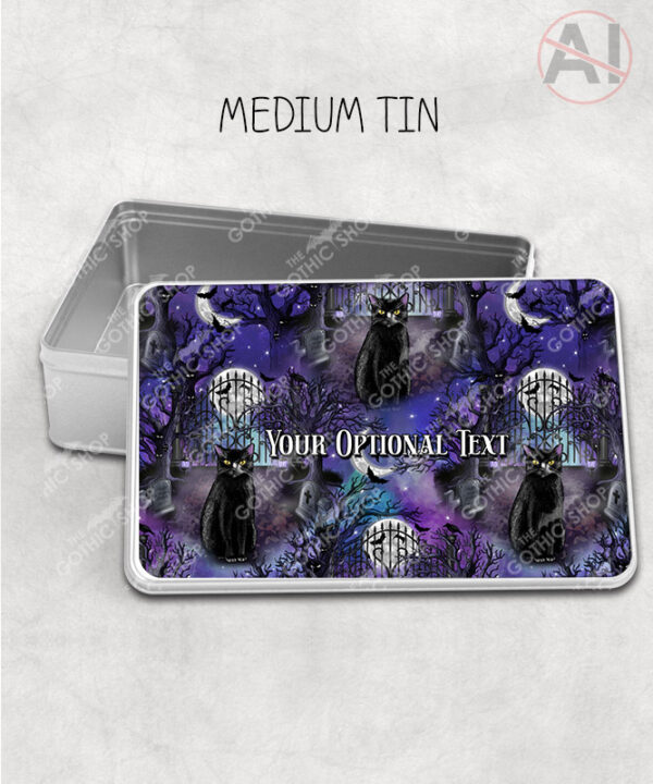 gothic black cat cemetery storage tin option to personalise