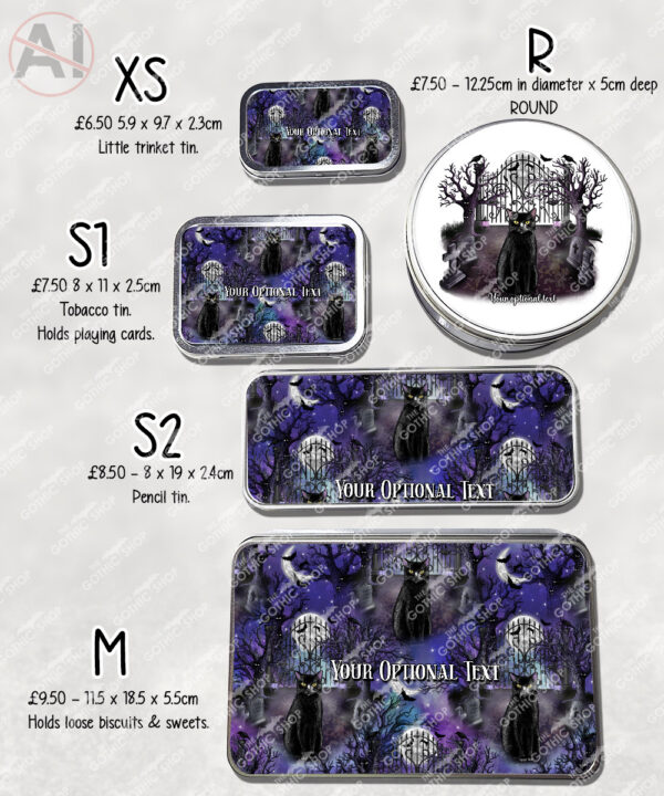 gothic black cat cemetery storage tin option to personalise