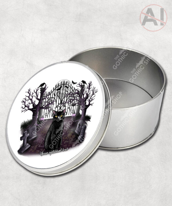 gothic black cat cemetery storage tin option to personalise