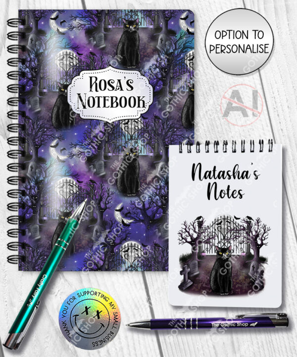 gothic black cat cemetery notebook journal option to personalise