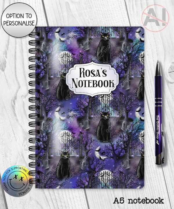 gothic black cat cemetery notebook journal option to personalise