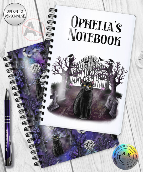 gothic black cat cemetery notebook journal option to personalise