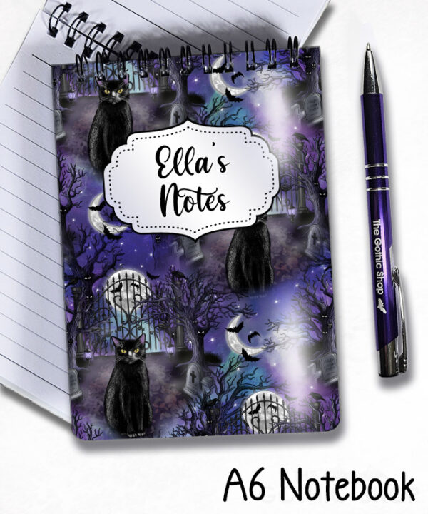 gothic black cat cemetery notebook journal option to personalise