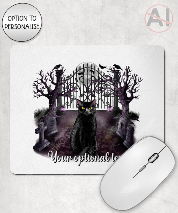 gothic black cat cemetery mouse mat option to personalise