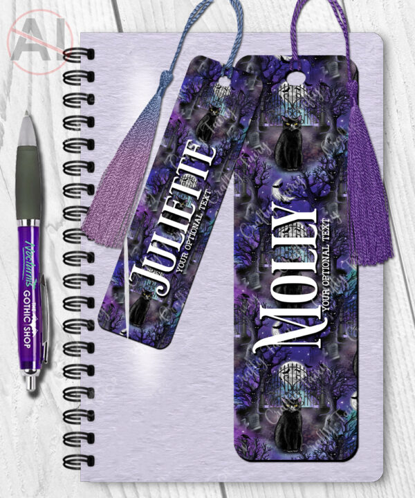 gothic black cat cemetery metal bookmark option to personalise
