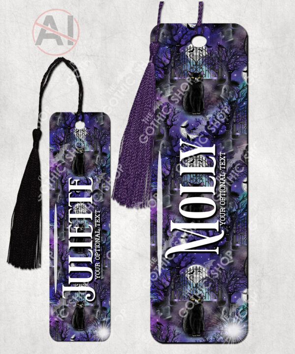 gothic black cat cemetery metal bookmark option to personalise
