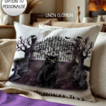 gothic black cat cemetery velvet cushion option to personalise