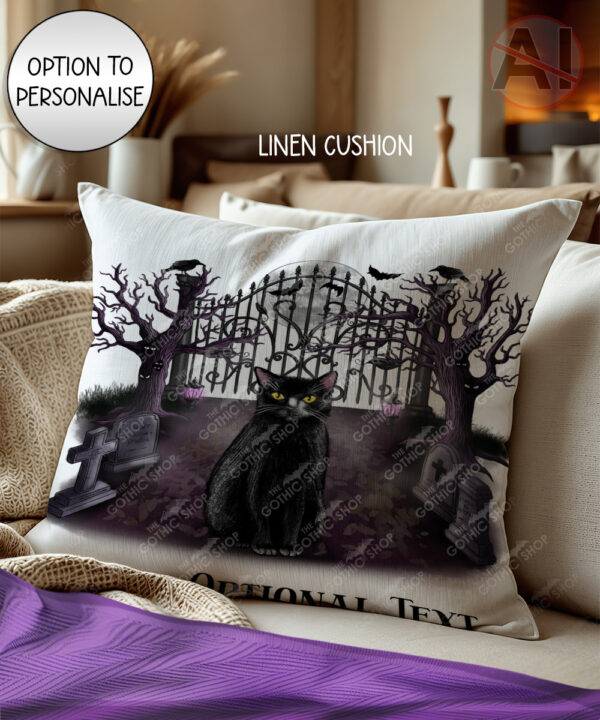 gothic black cat cemetery velvet cushion option to personalise