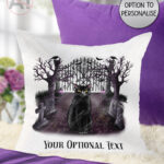 gothic black cat cemetery velvet cushion option to personalise