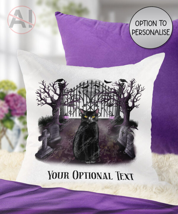 gothic black cat cemetery velvet cushion option to personalise