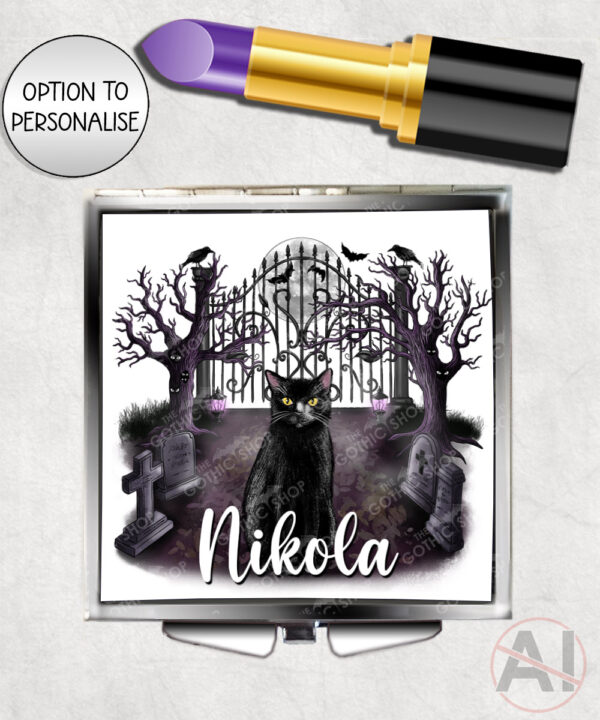 gothic black cat cemetery compact mirror option to personalise