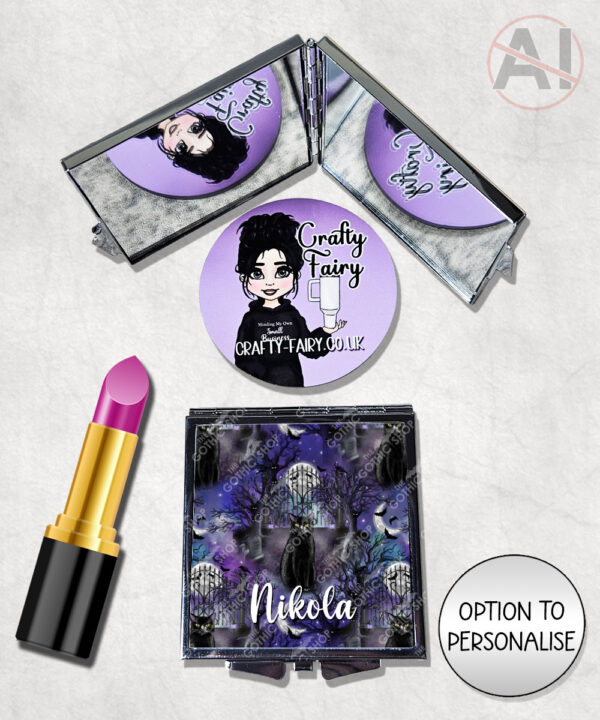 gothic black cat cemetery compact mirror option to personalise