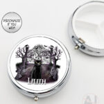gothic black cat cemetery round pill box option to personalise