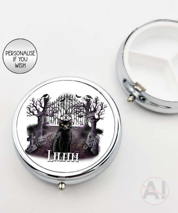 gothic black cat cemetery round pill box option to personalise