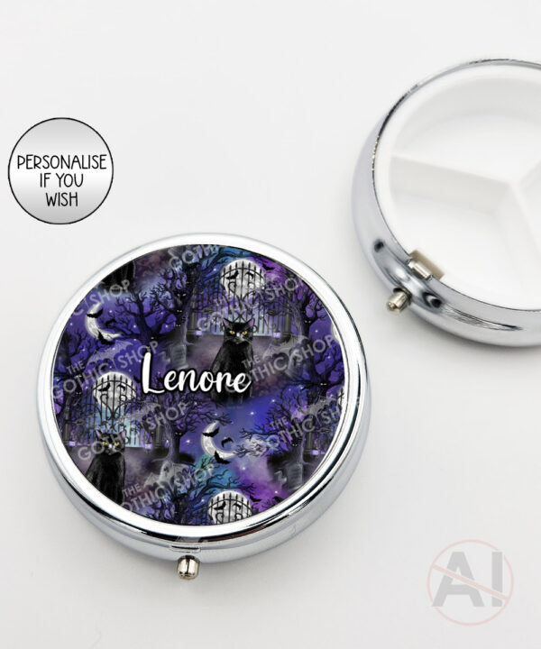 gothic black cat cemetery round pill box option to personalise