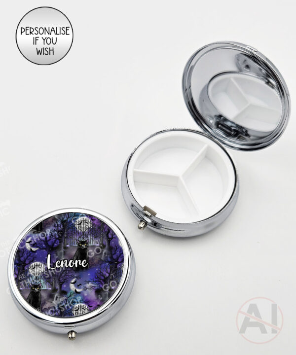 gothic black cat cemetery round pill box option to personalise