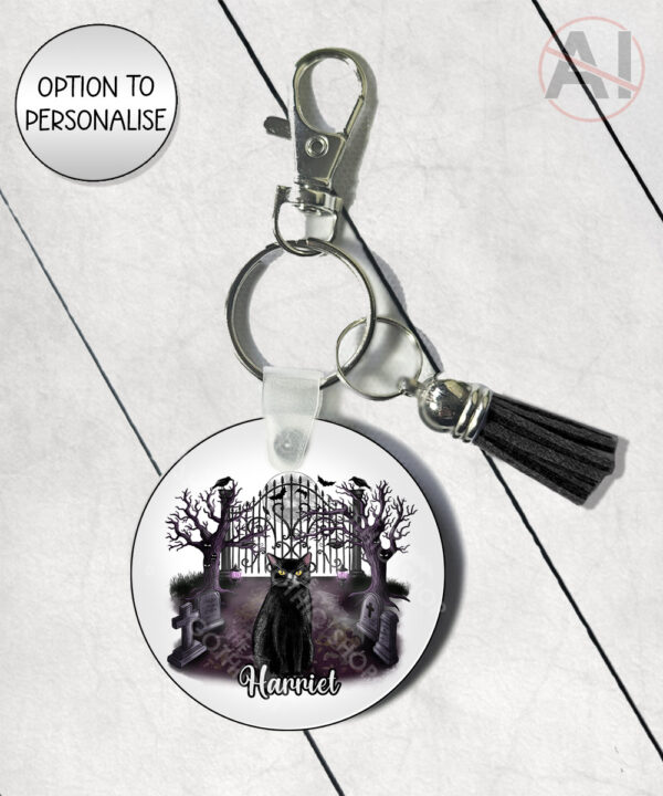 gothic black cat cemetery keyring option to personalise